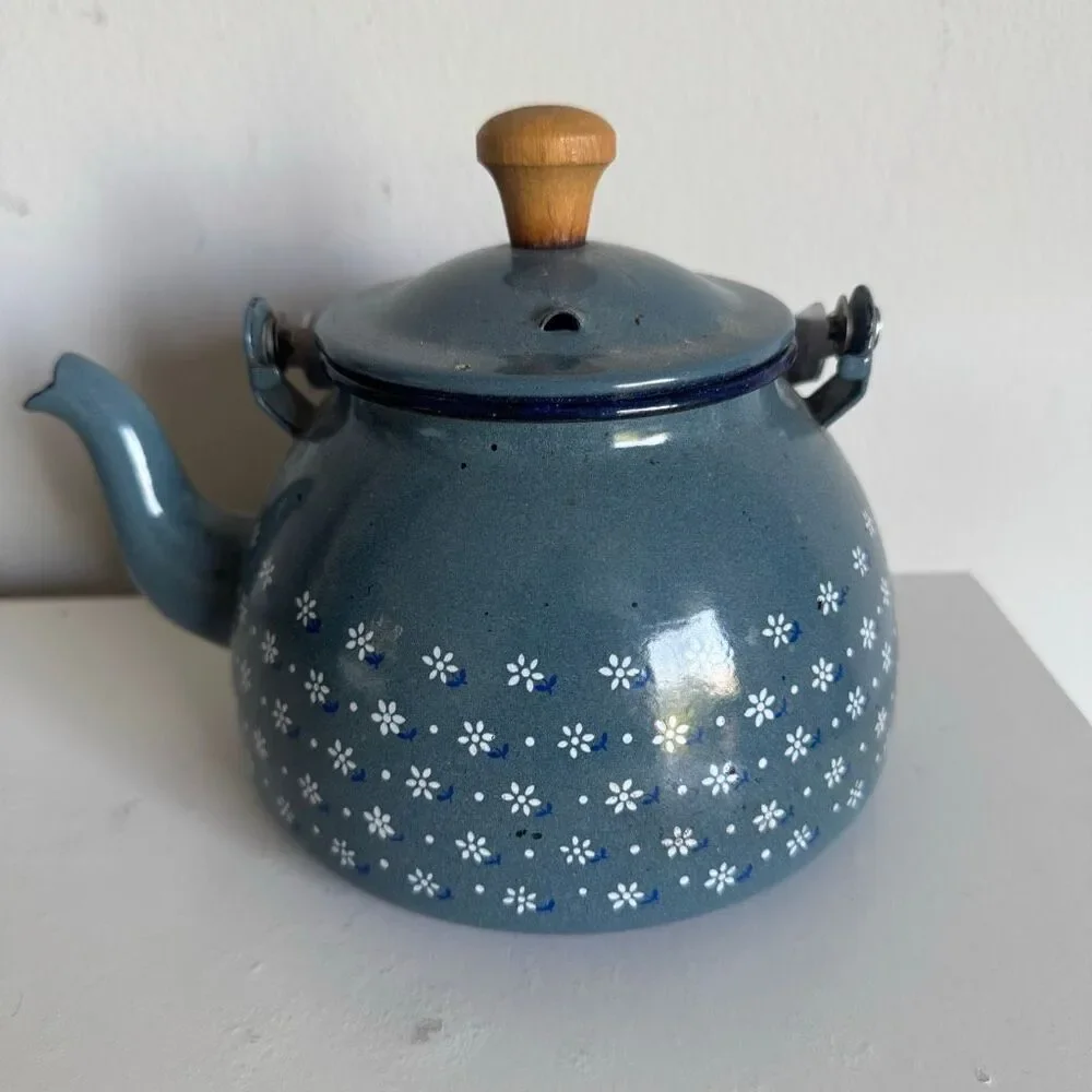 Vintage Himark Enamel Kettle Blue Floral Country Kitchen Teapot Made in Japan